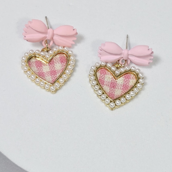 Jewelry - Pink Gingham Heart Dangle Earrings | Coquette Bow Pearl Valentine Studs Romantic